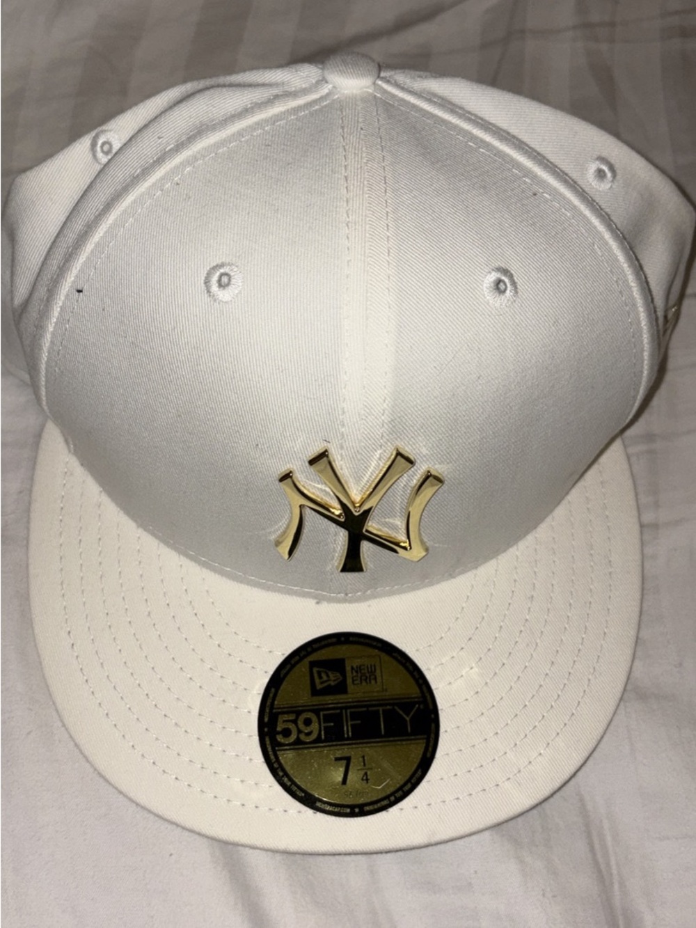 New Era White Cap with Gold NY Metal Logo